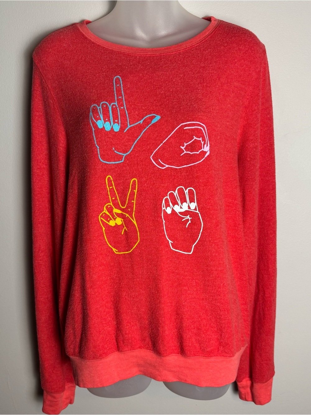 Wildfox Red Graphic Sweatshirt with Multicolor Sign Hands